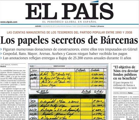 La portada de El País del 31 de gener d'enguany va fer esclatar el cas Bárcenas // EL PAÍS